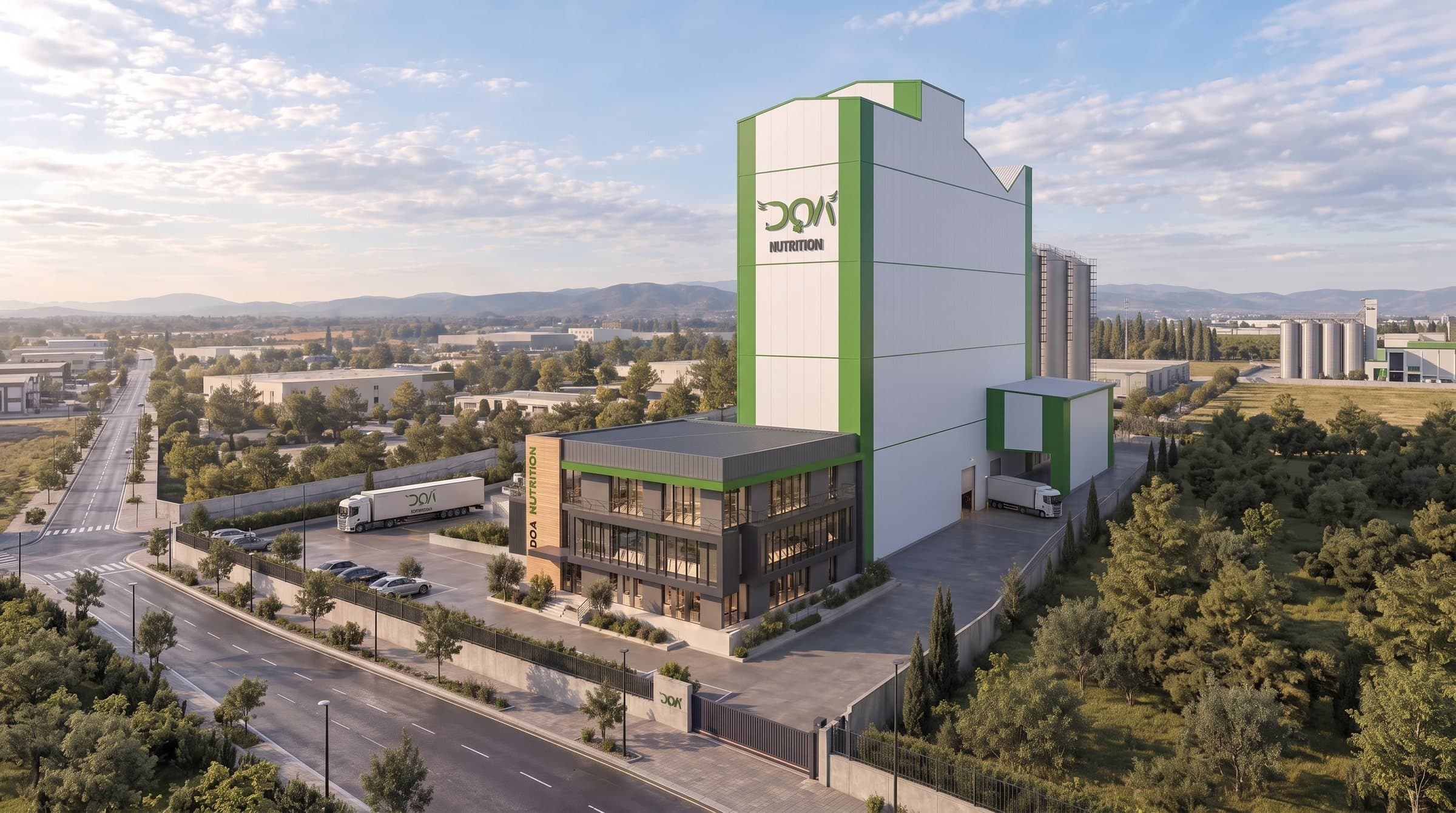 DOA Nutrition üretim tesisi: beyaz-yeşil yem fabrikası kulesi, önündeki idari bina ve tırlar