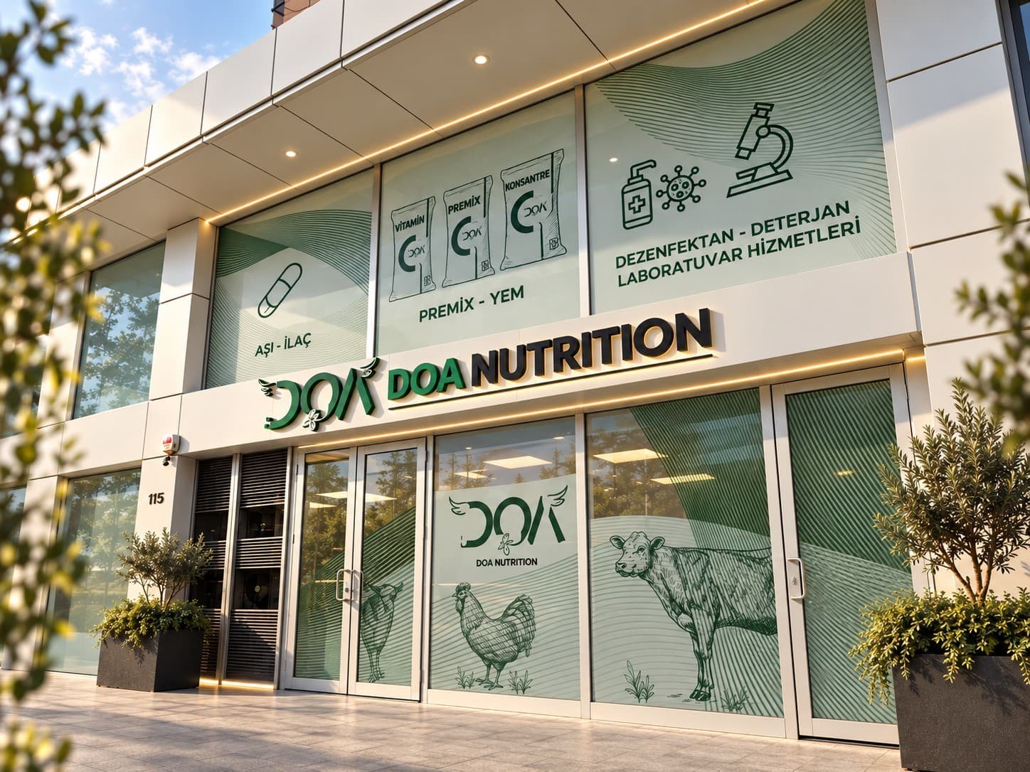 DOA Nutrition tabelalı merkez ofis cephesi; camlarda aşı-ilaç, premiks-yem ve dezenfektan-laboratuvar hizmetleri yazıları