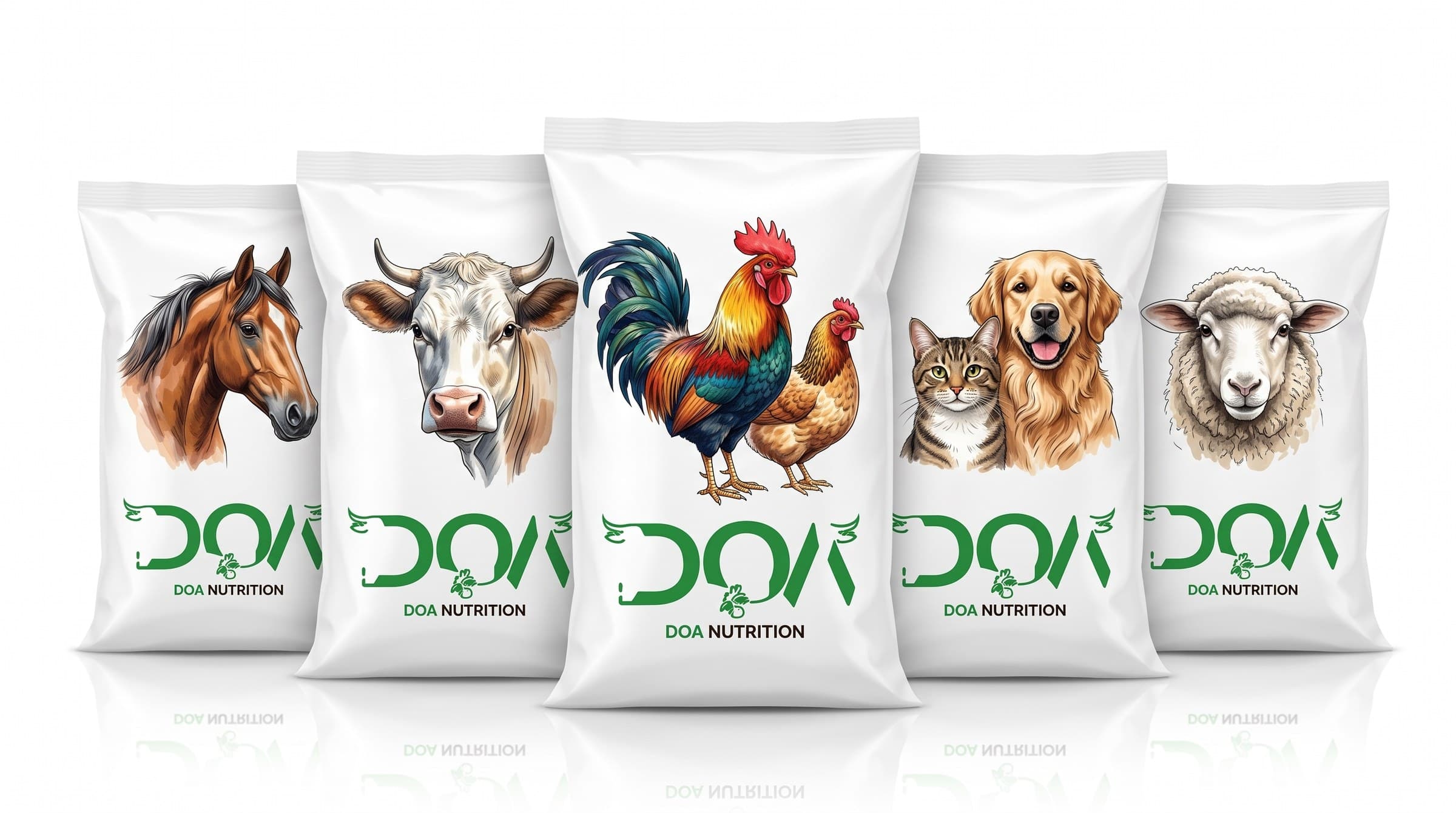 At, inek, horoz ve tavuk, kedi ve köpek, koyun çizimli DOA Nutrition yem çuvalları
